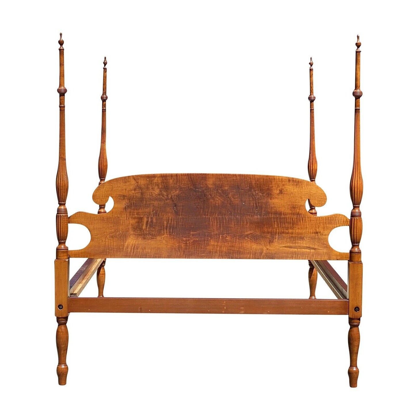 19th C Antique Sheraton Tiger Maple Full Size Four Post Bed - Curly Maple Bed