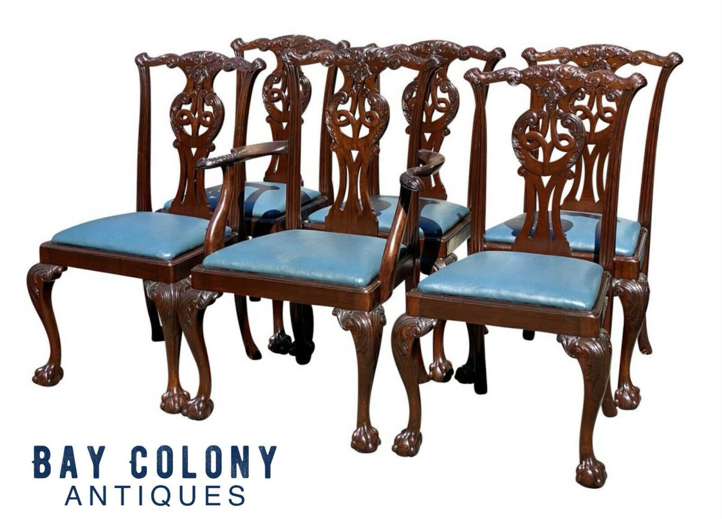 19TH C ANTIQUE SET OF 6 MAHOGANY IRISH CHIPPENDALE DINING CHAIRS