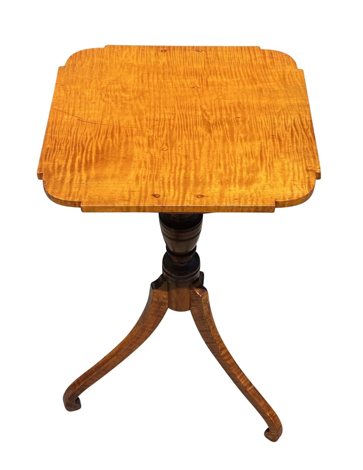 19th C Antique Federal Period Tiger Maple Candlestand / End Table - Curly Maple