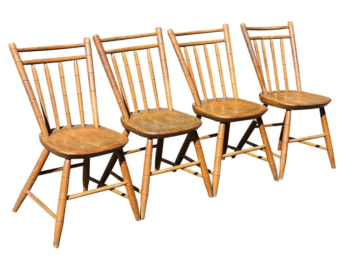 19TH C ANTIQUE SET OF 4 COUNTRY PRIMITIVE BAMBOO CARVED BIRD CAGE WINDSOR CHAIRS