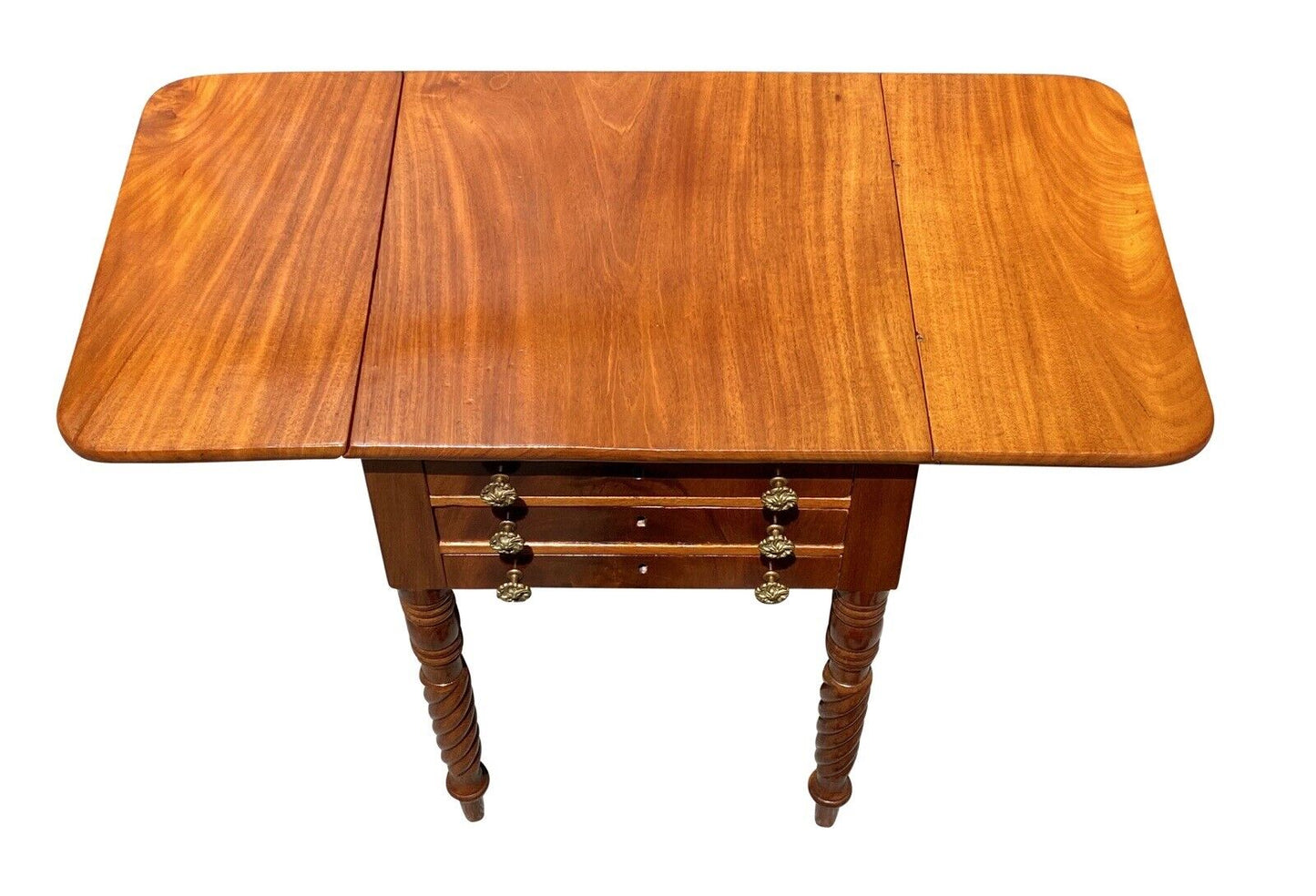 19th C Antique Mahogany 3 Drawer Worktable / Nightstand with Rope Carved Legs