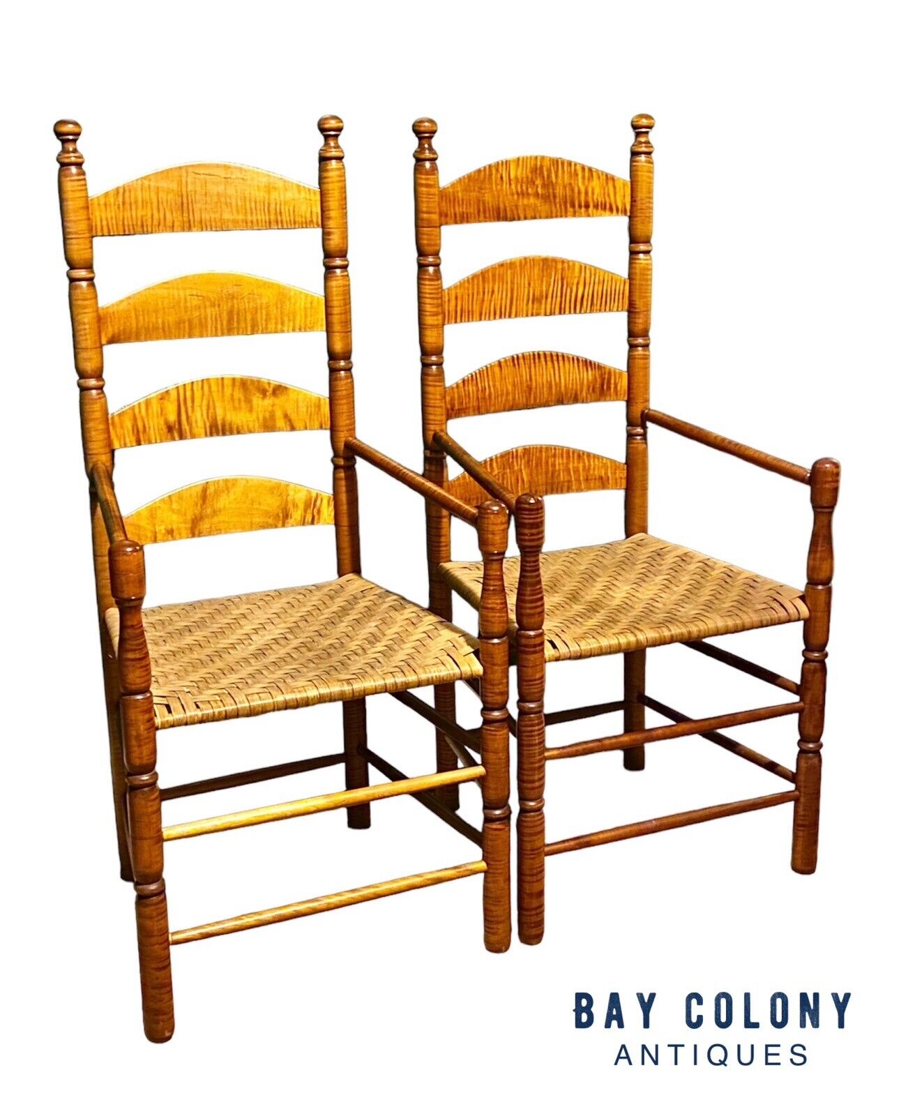 Vintage Pair of William & Mary Style Tiger Maple Ladder Back Armchairs