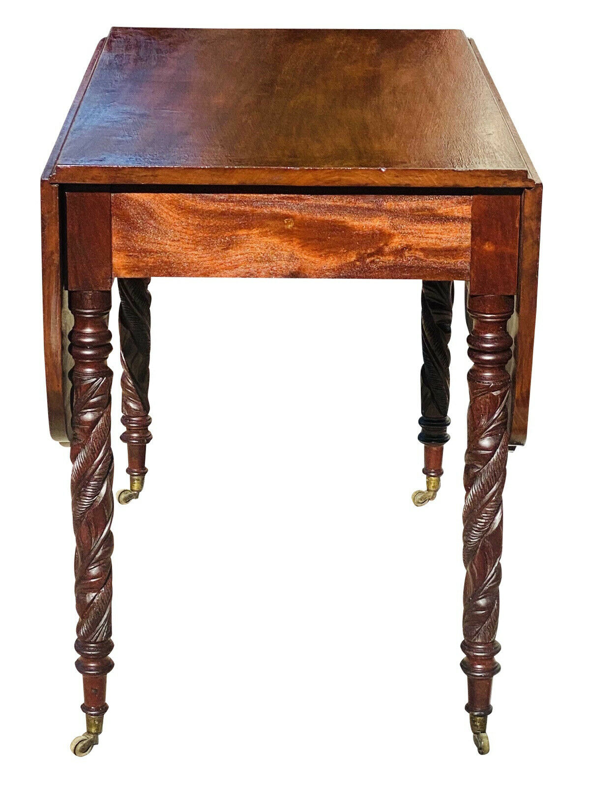 19TH C ANTIQUE NEW YORK SHERATON MAHOGANY DROP LEAF TABLE ~ ACANTHUS CARVED LEGS