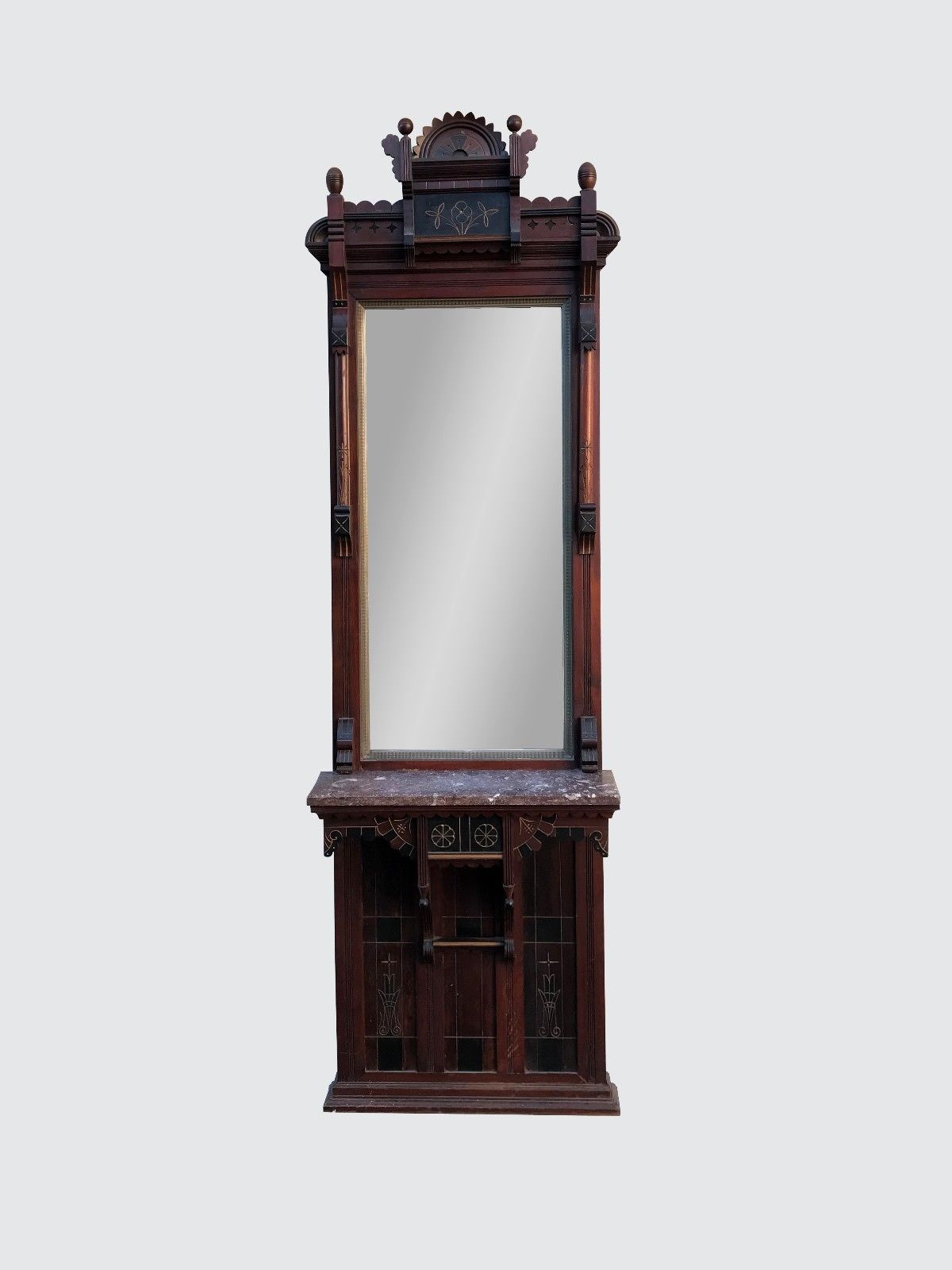 FINELY DECORATIVE VICTORIAN ASTHETIC REVIVAL PIER MIRROR WITH MARBLE SHELF
