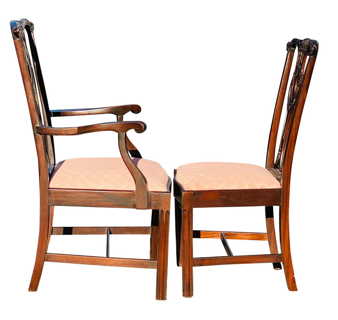 20TH C SET OF 8 CHIPPENDALE ANTIQUE STYLE CARVED MAHOGANY DINING CHAIRS