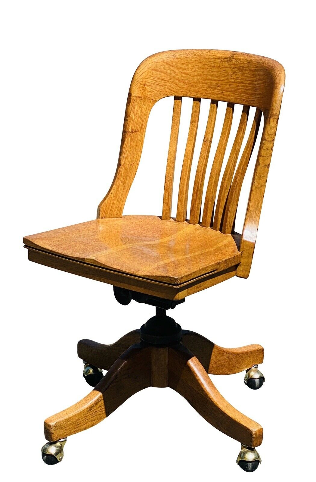 19TH C ANTIQUE VICTORIAN TIGER OAK SWIVEL OFFICE DESK CHAIR