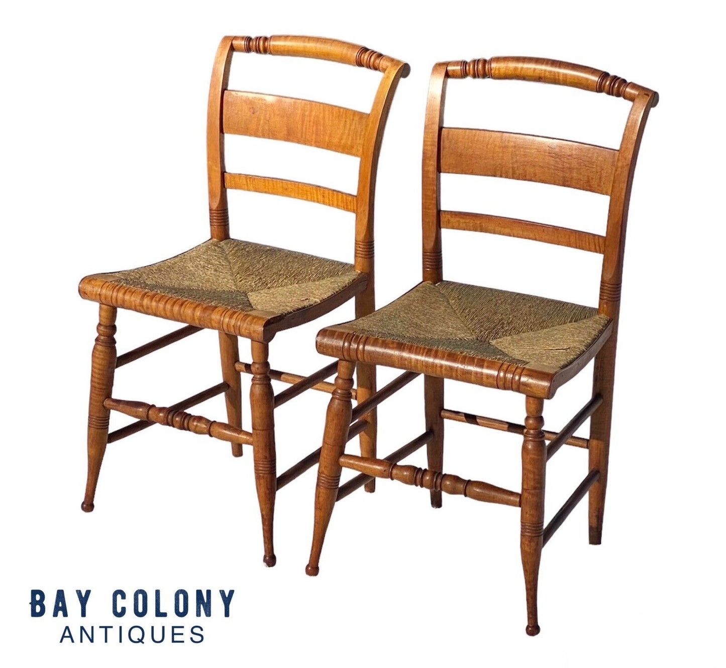 Antique Pair of Tiger Maple Side Chairs with Rush Seats