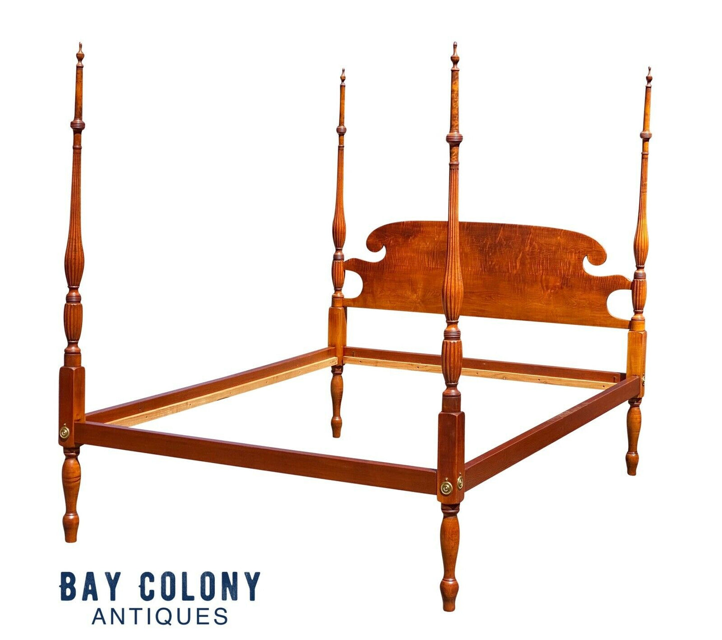 19th C Antique Sheraton Tiger Maple Full Size Four Post Bed - Curly Maple Bed