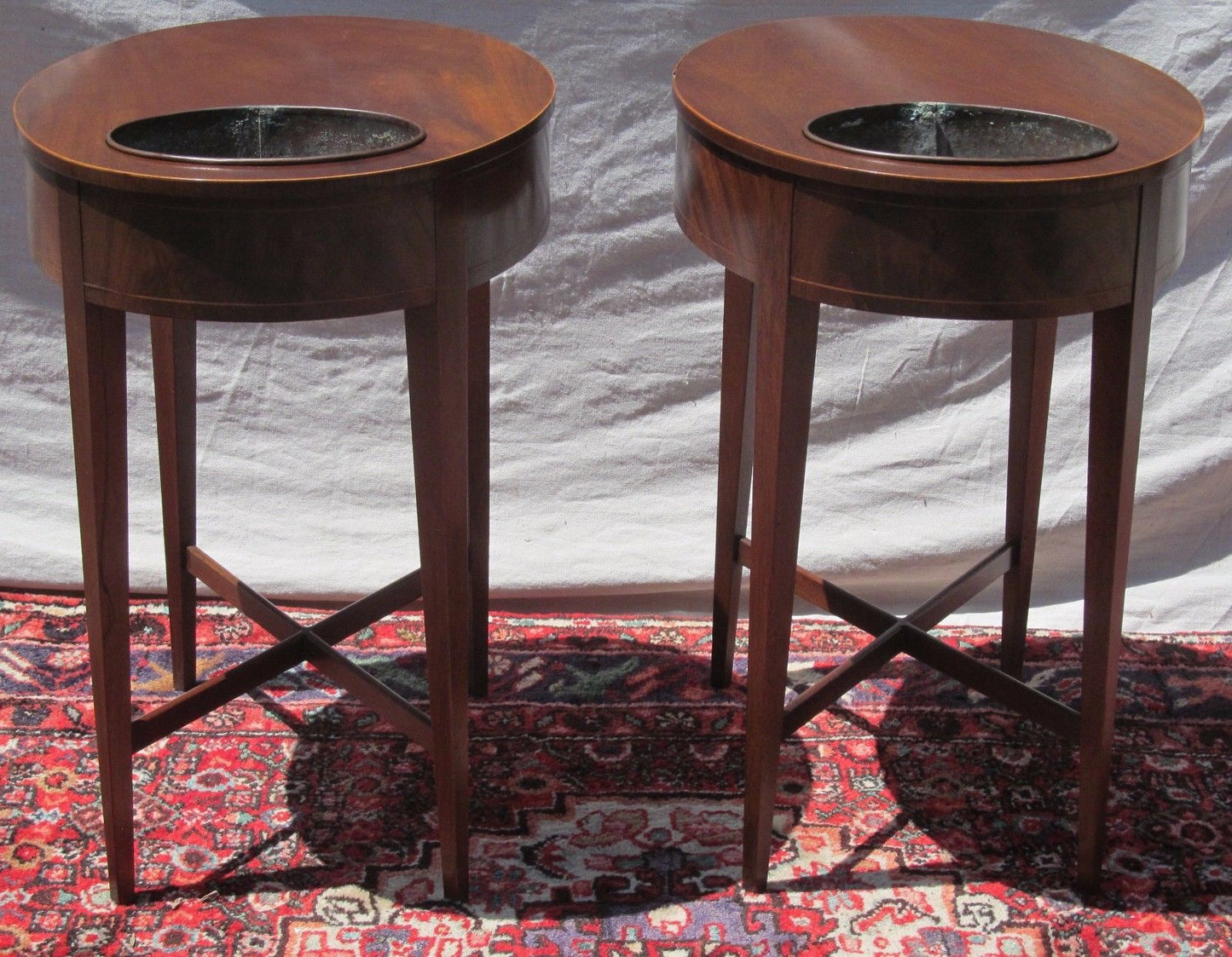 FEDERAL STYLED MAHOGANY PLANTER OVAL FORMED TABLES ON CROSS X STRETCHER BASES