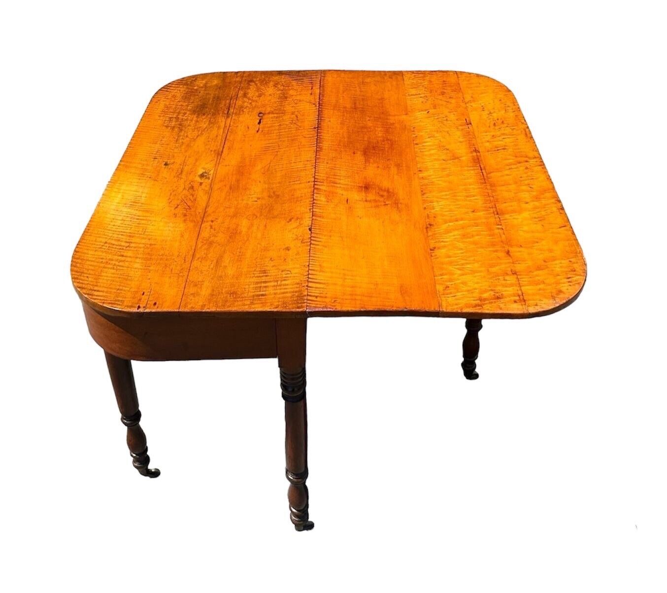 Early 19th Century Antique Federal Tiger Maple & Cherry Dropleaf Bakers Table