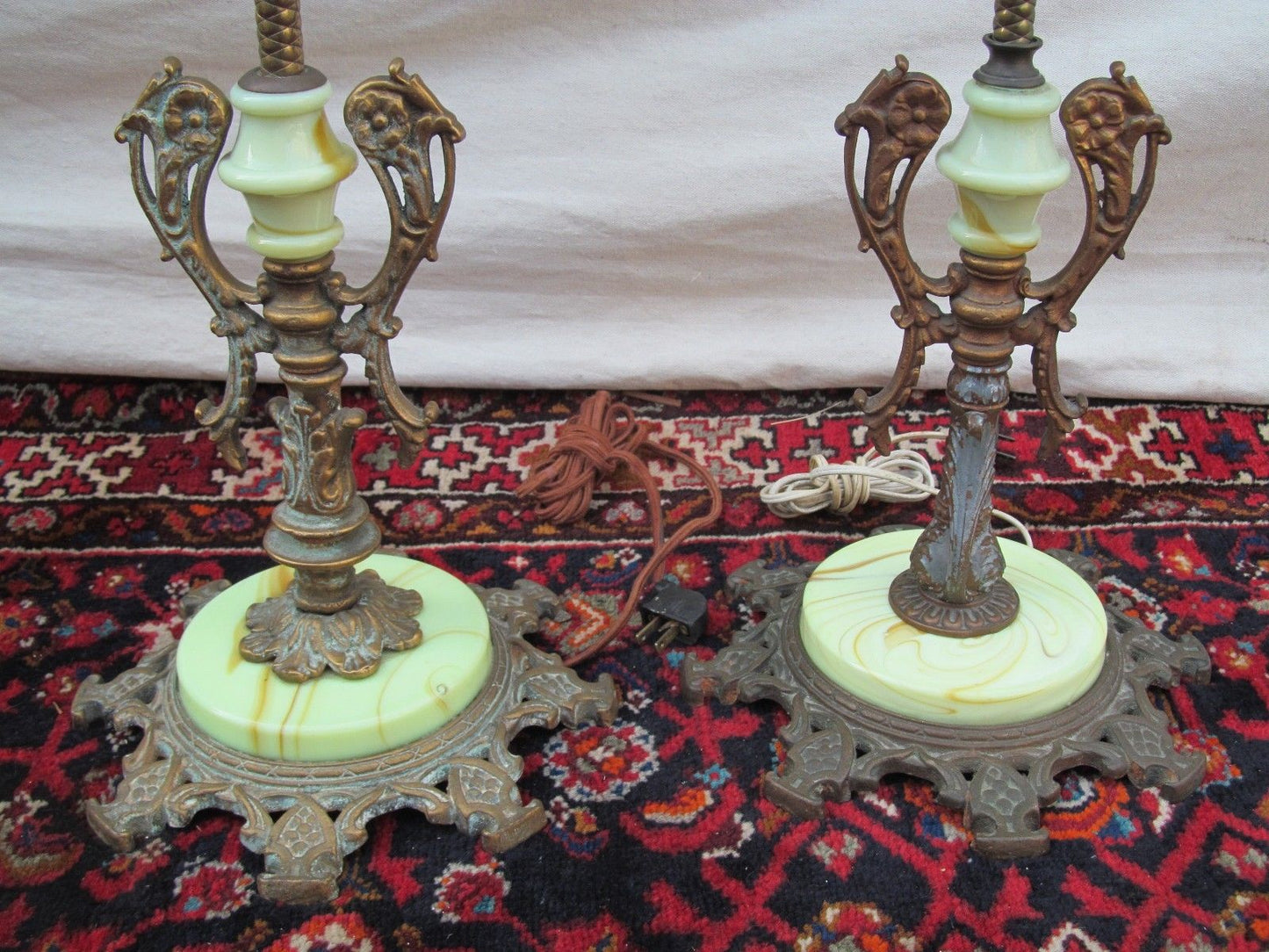 PAIR OF ART NOUVEAU GREEN SLAG GLASS ANTIQUE BRIDGE LAMPS