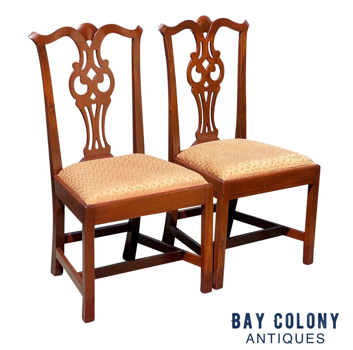 18th C Antique Pair of Salem Ma Chippendale Chairs - Heart & Diamond Design