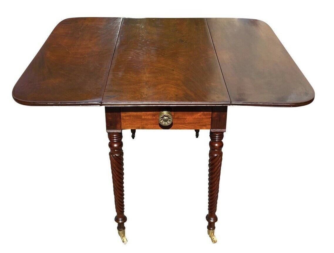 19TH C ANTIQUE SHERATON MAHOGANY DROP LEAF TABLE W/ ROPE CARVED LEGS