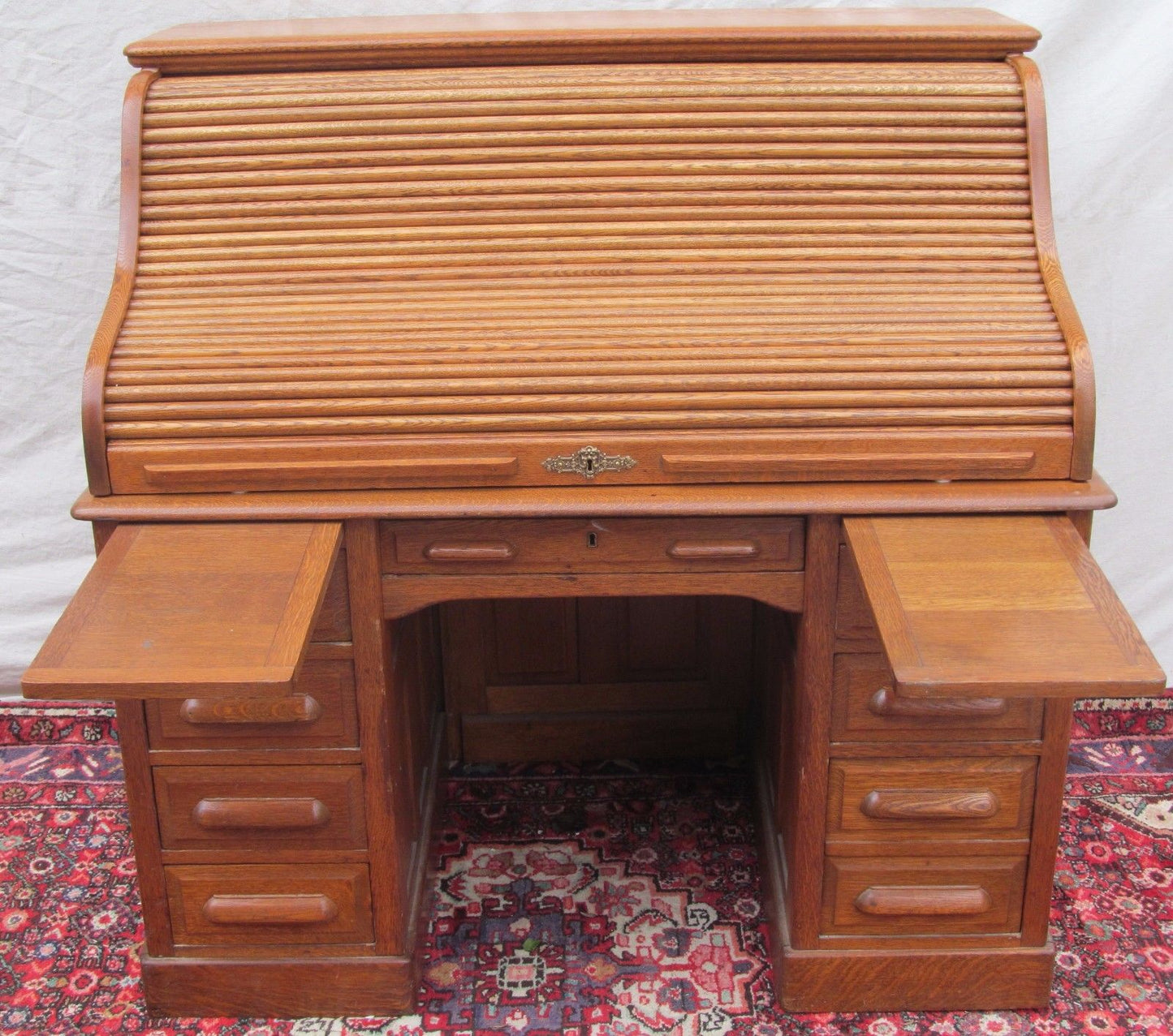 EXCELLENT VICTORIAN SOLID TIGER RAISED PANELED OAK S ROLL TOP DESK-TOP QUALITY!