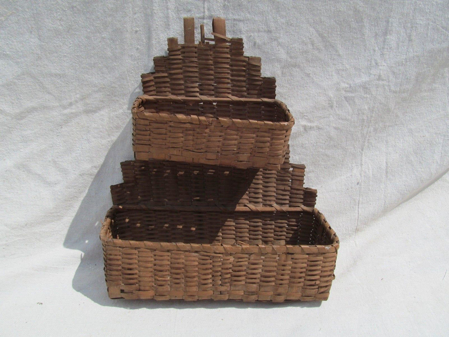 ANTIQUE DOUBLE TIERED SPLINT WOVEN WALL BASKET