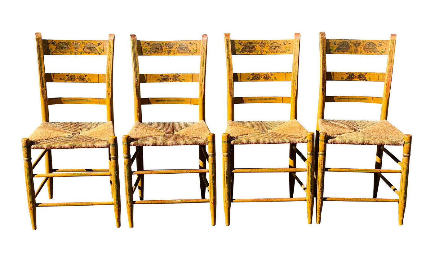 19TH C ANTIQUE COUNTRY PRIMITIVE SHERATON SET OF 4 FANCY PAINT DINING CHAIRS