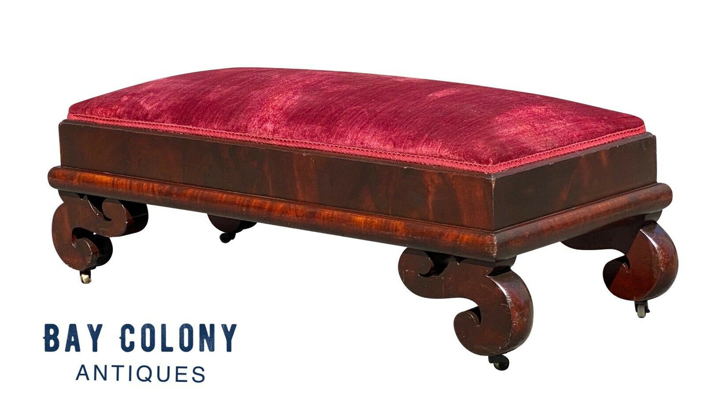 19th C Antique American Empire Mahogany Vanity Bench W/ Red Velvet Seat