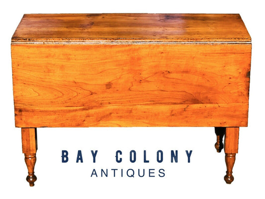 19TH C ANTIQUE NEW YORK COUNTRY PRIMITIVE CHERRY DROP LEAF FARM TABLE