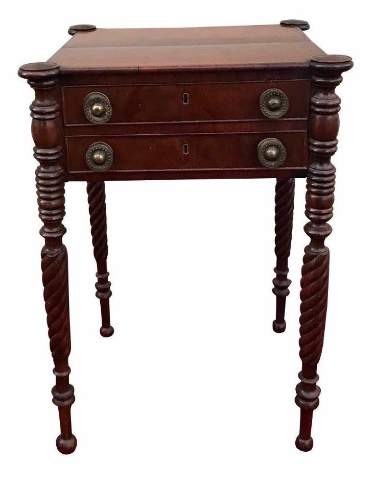 FINE SALEM MASSACHUSETTS SHERATON WORK TABLE WITH TURRET CORNERS & ROPE CARVINGS