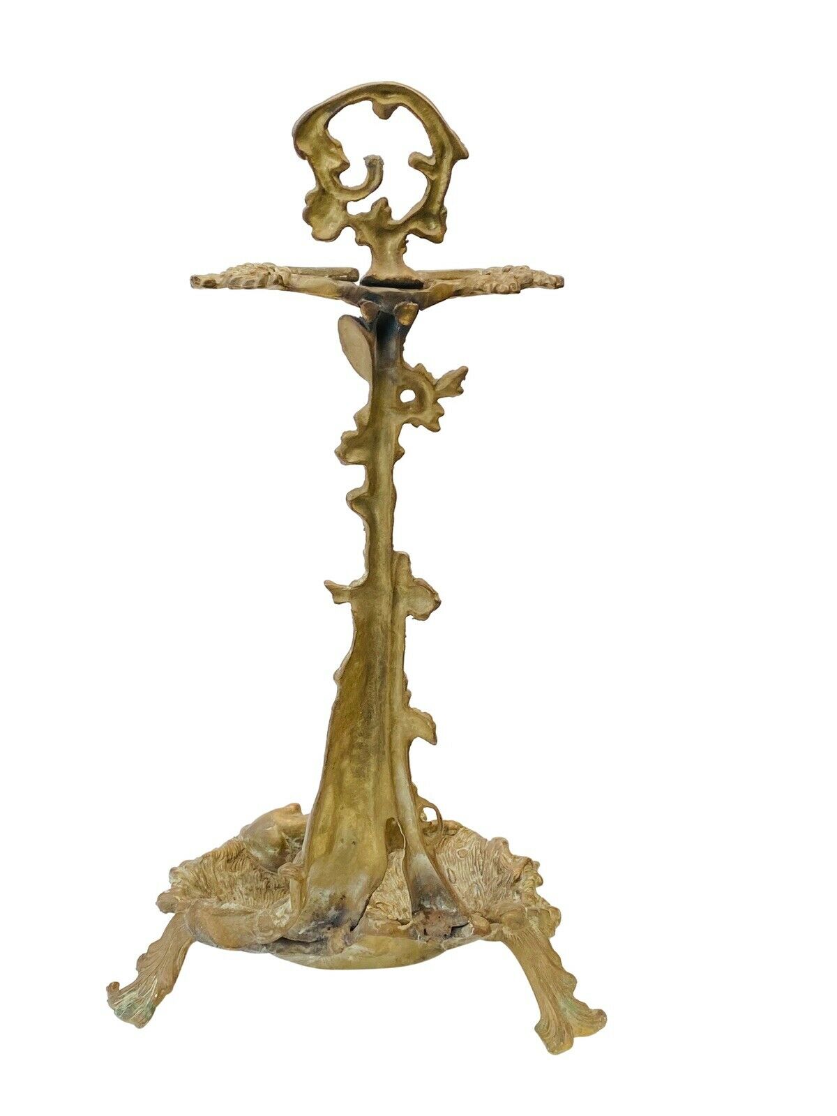 20TH C ANTIQUE ART NOUVEAU BRASS FIREPLACE TOOL HOLDER ~ HUNTING DOG SCENE