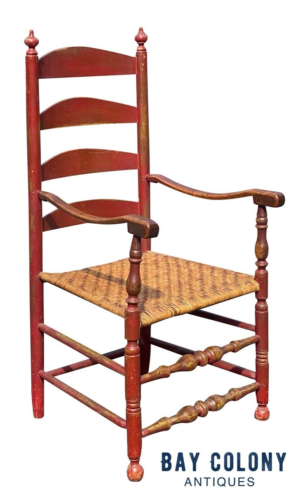 18TH C ANTIQUE QUEEN ANNE NEW ENGLAND LADDER BACK ARM CHAIR W/ SPLINT SEAT
