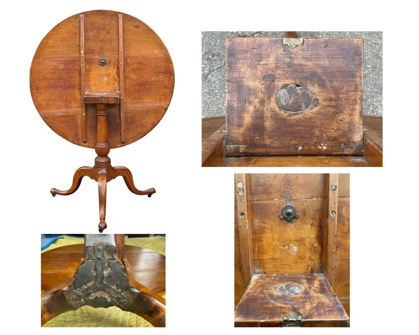 18th C Antique Queen Anne Pear Wood Tilt Top Tea Table