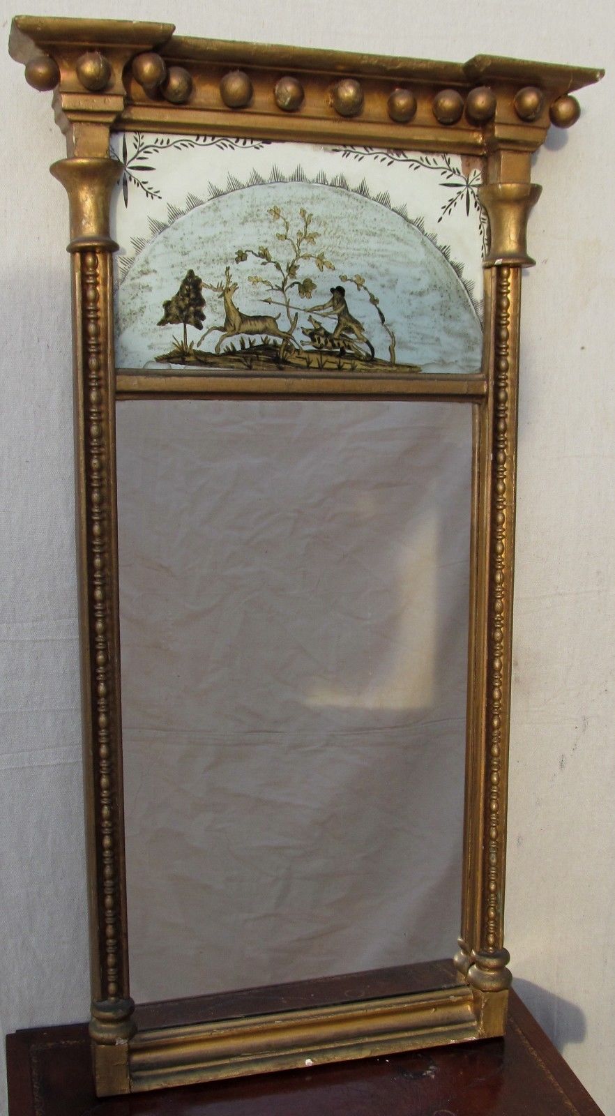 RARE 19TH CENT FEDERAL EGLOMISE PIER MIRROR W/HUNTING SCENE-SUPERIOR SPECIMEN