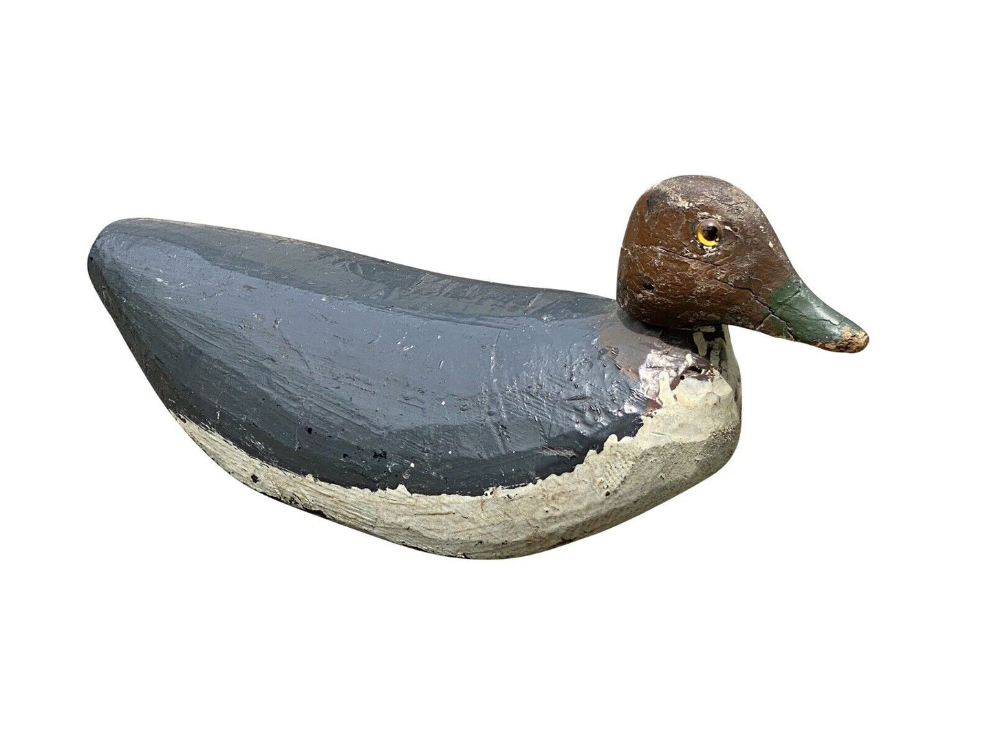 20th C Antique Carved & Painted Wood Mallard Duck Hunting Decoy - Glass Eyes