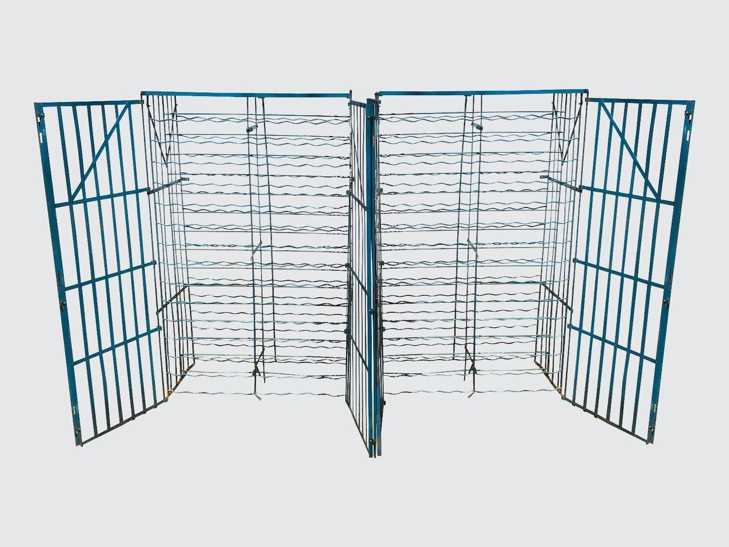 RARE & IMPORTANT PAIR FRENCH ART DECO ANTIQUE IRON WINE RACKS WITH LOCKING DOORS
