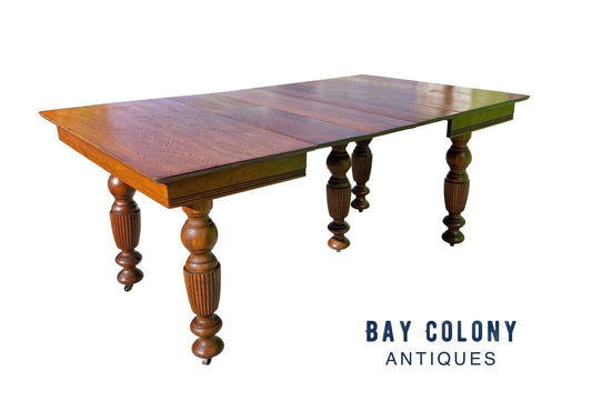 19th C Antique Victorian Oak Dining Table With 5 Leaves - 7.5+ Feet Long