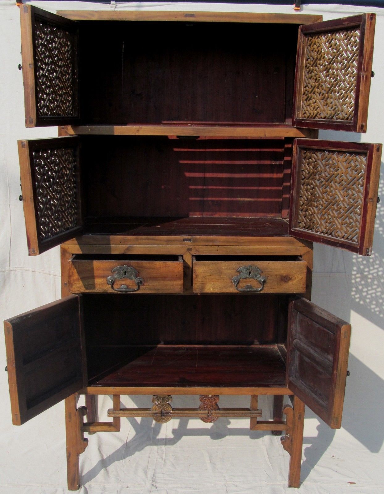 FINE LATE 19TH CENTURY LATTICE WORKED TWO PIECE CHINESE CABINET