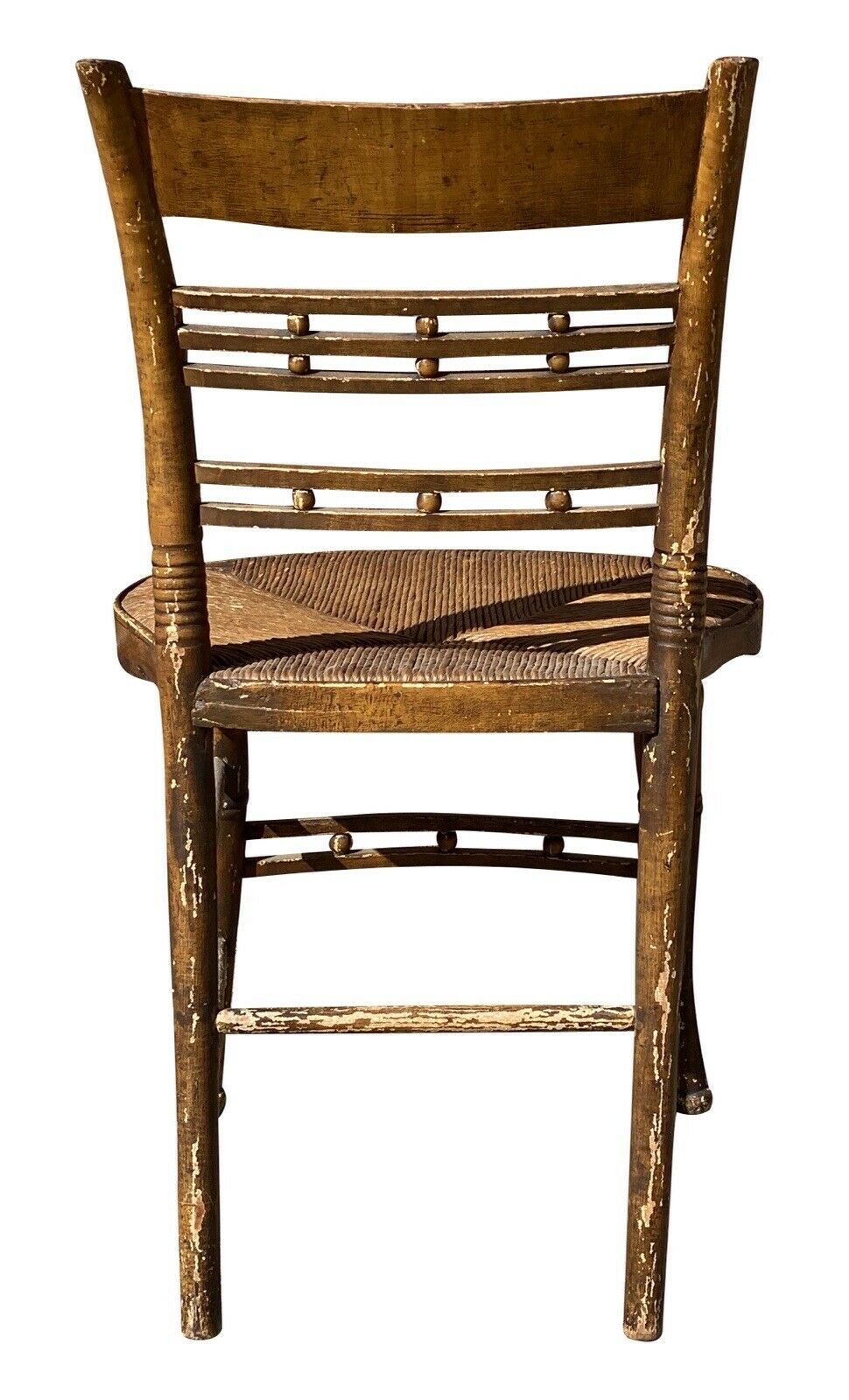 19th C Antique Sheraton Fancy Paint Thumb Back Chair W/ Rush Seat & Greek Key