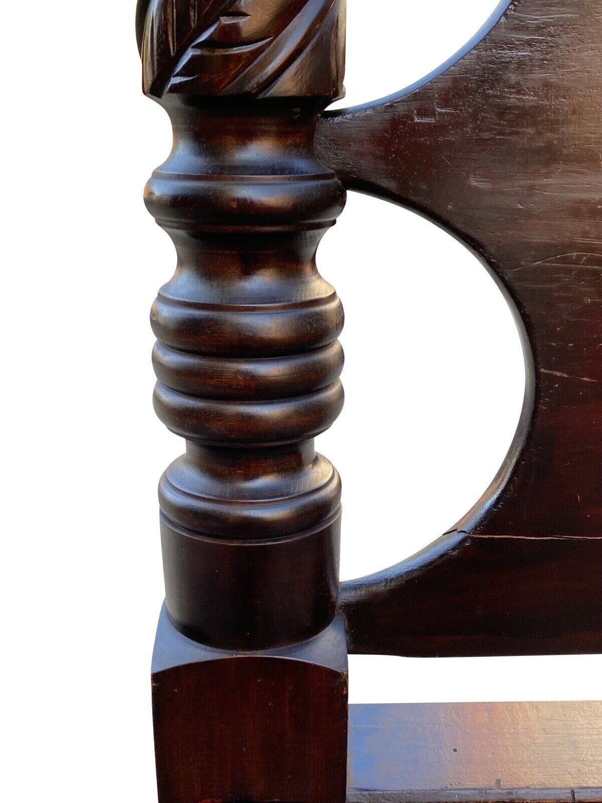 19th C Antique Pair of Twin Size Cannonball Beds W/ Acanthus Leaf Carved Posts