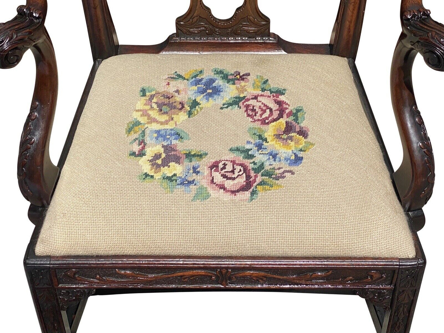 19th C Antique Chippendale Style Carved Mahogany Desk Chair W/ Needlepoint Seat