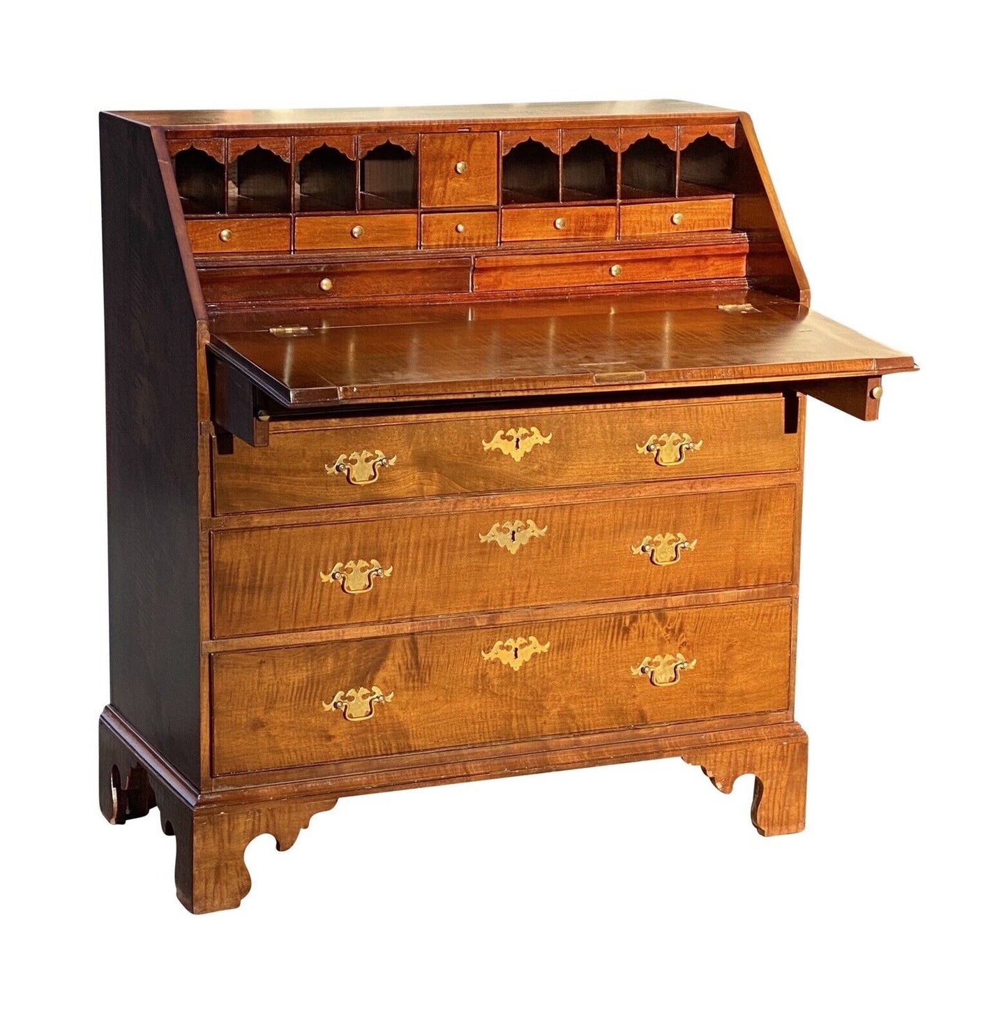 20th C Chippendale Antique Style Tiger Maple Slant Lid Desk With Hidden Drawer