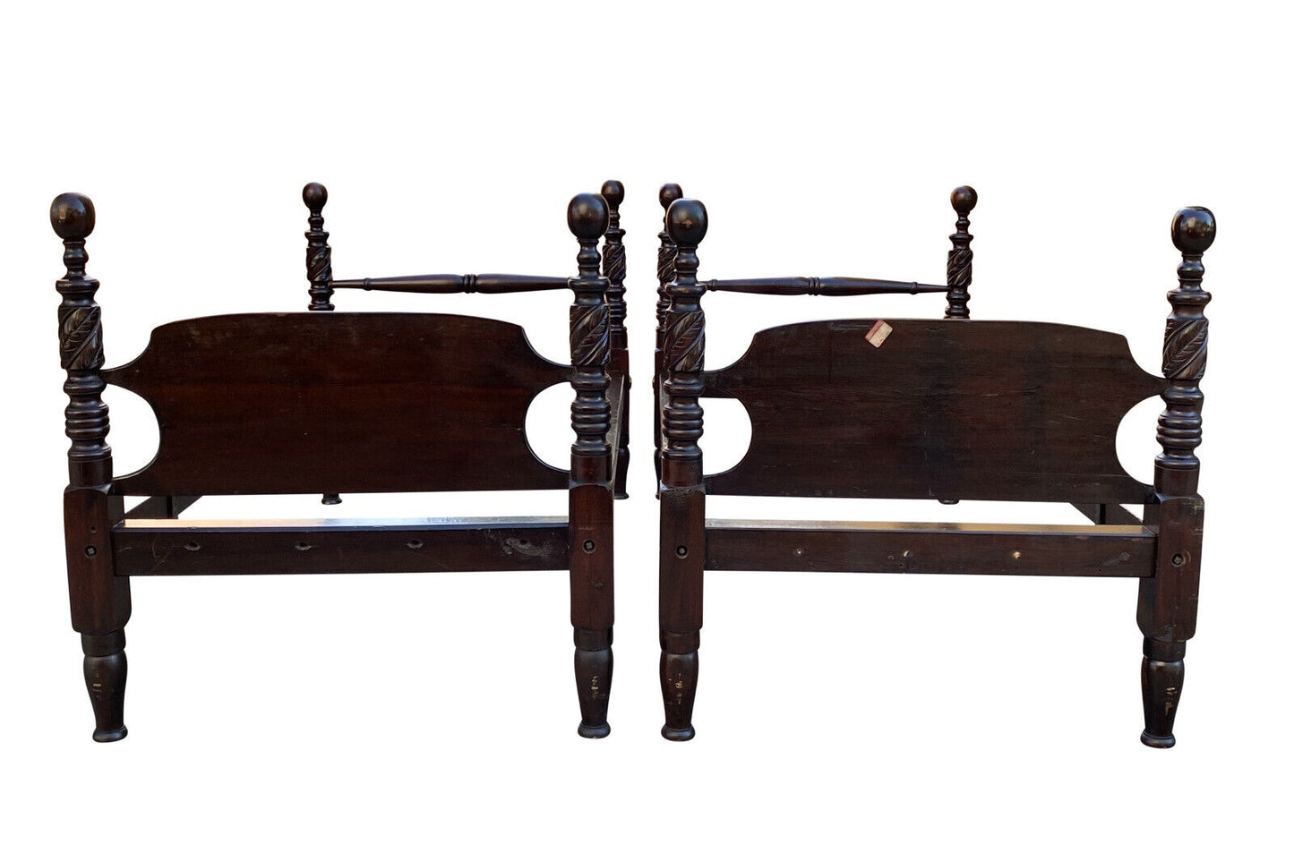 19th C Antique Pair of Twin Size Cannonball Beds W/ Acanthus Leaf Carved Posts