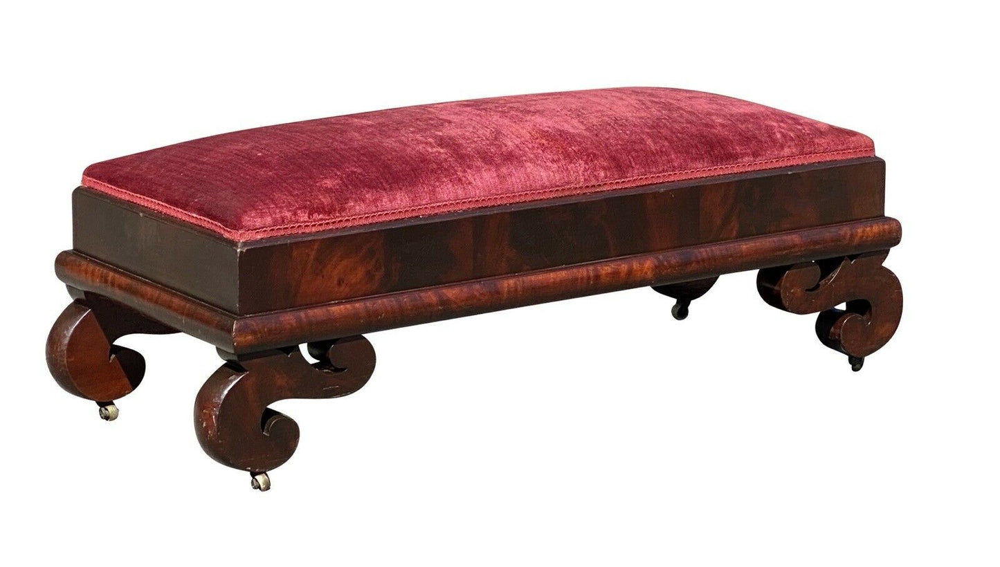 19th C Antique American Empire Mahogany Vanity Bench W/ Red Velvet Seat