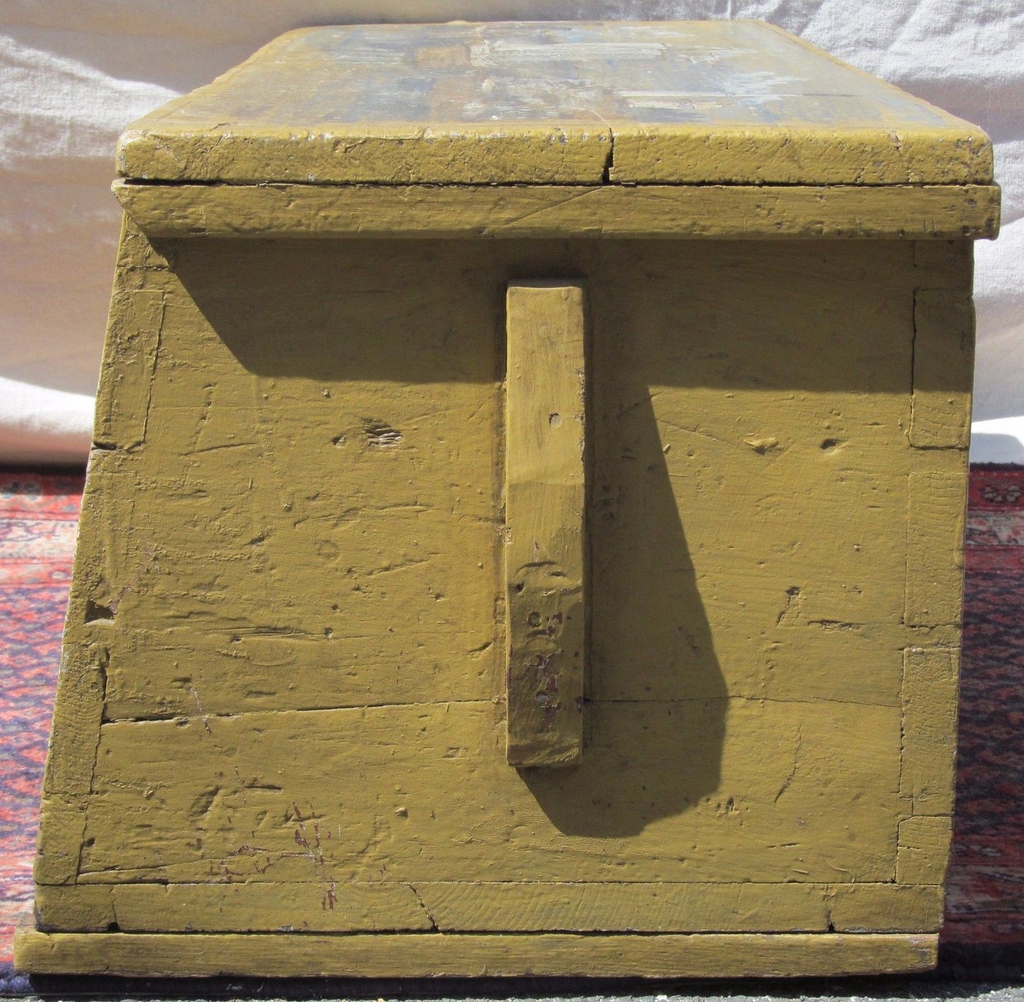 18TH CENTURY CANTED SEA CHEST WITH 1944 ARTIST PAINTED HARBOR & LIGHTHOUSE
