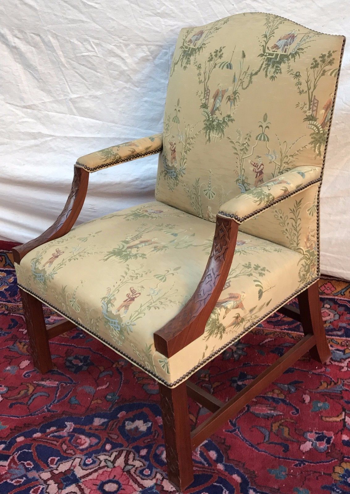 FABULOUS ANTIQUE CHINESE CHIPPENDALE LIBRARY LOLLING CHAIR-MINT GOLD SILK FABRIC