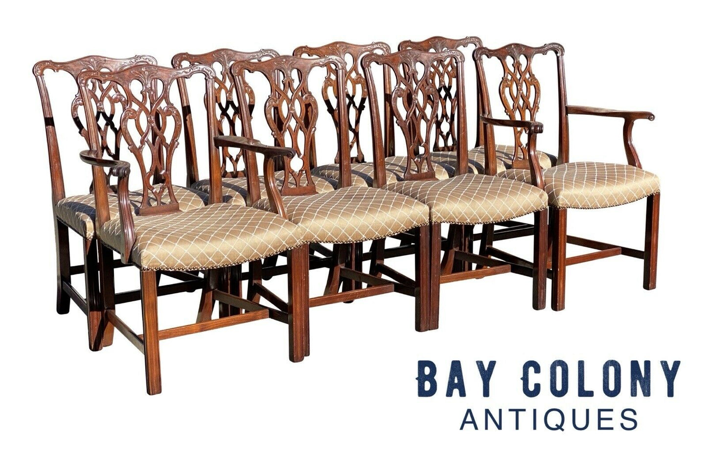 20TH C CHIPPENDALE ANTIQUE STYLE SET OF 8 CUSTOM MAHOGANY DINING CHAIRS