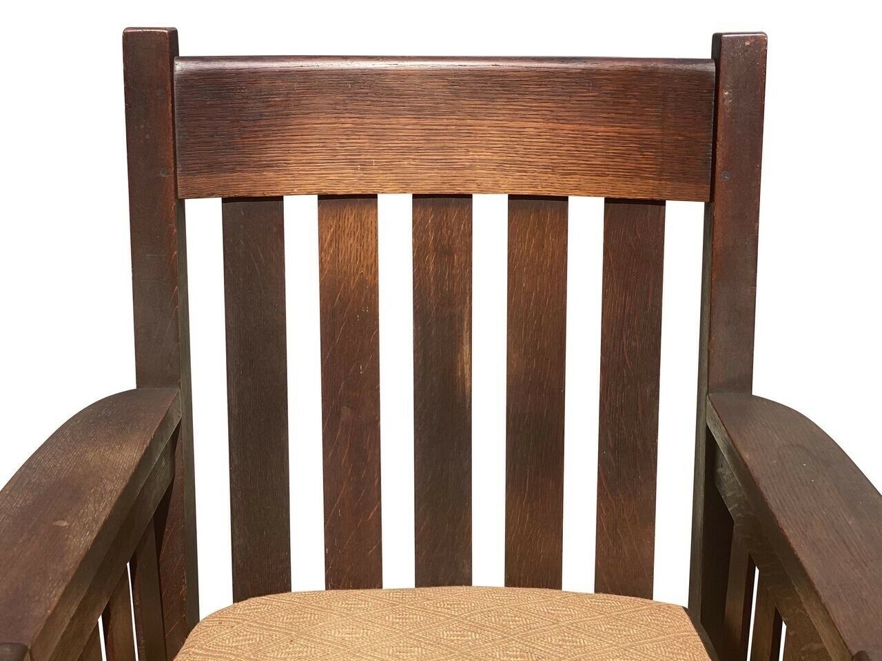 20TH C ANTIQUE ARTS & CRAFTS HARDEN TIGER OAK SLATTED ARM CHAIR