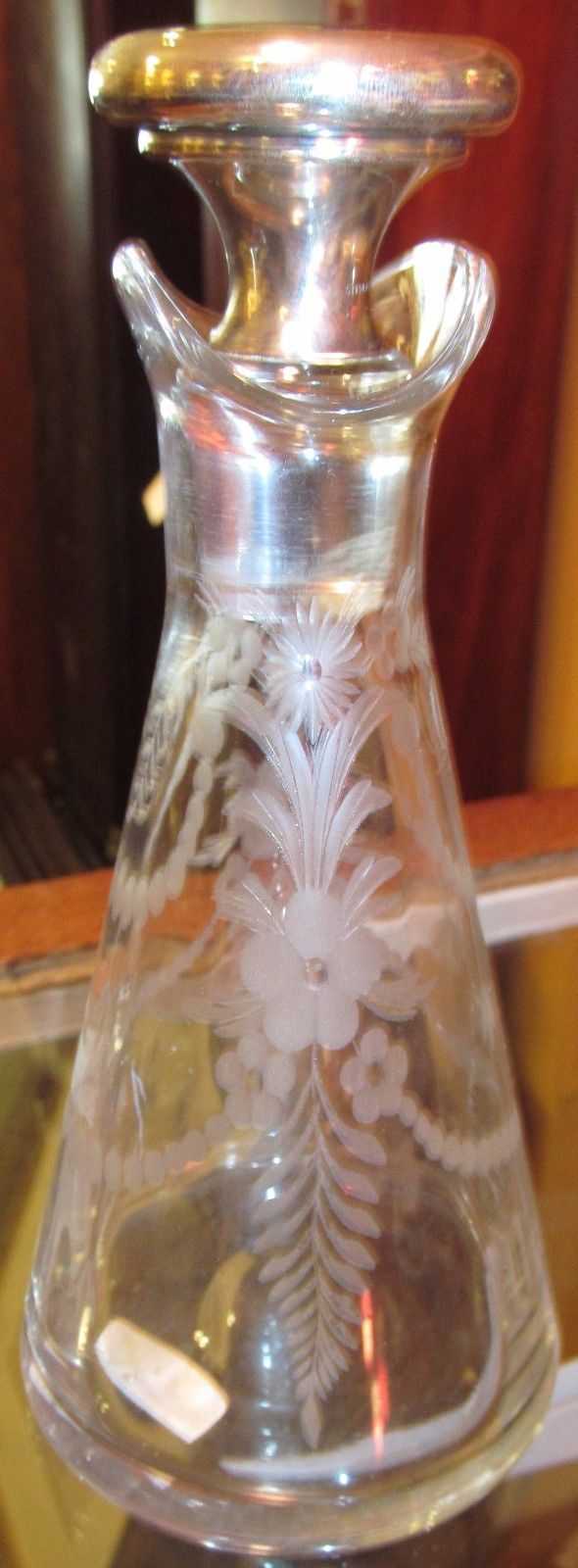 STERLING SILVER TOPPED ETCHED OIL & VINEGAR CRUET