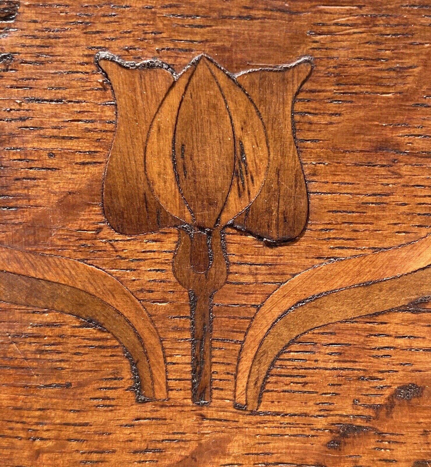 Set of Six Arts & Crafts Mission Oak Dining Chairs With Tulip Inlaid Crest Rails