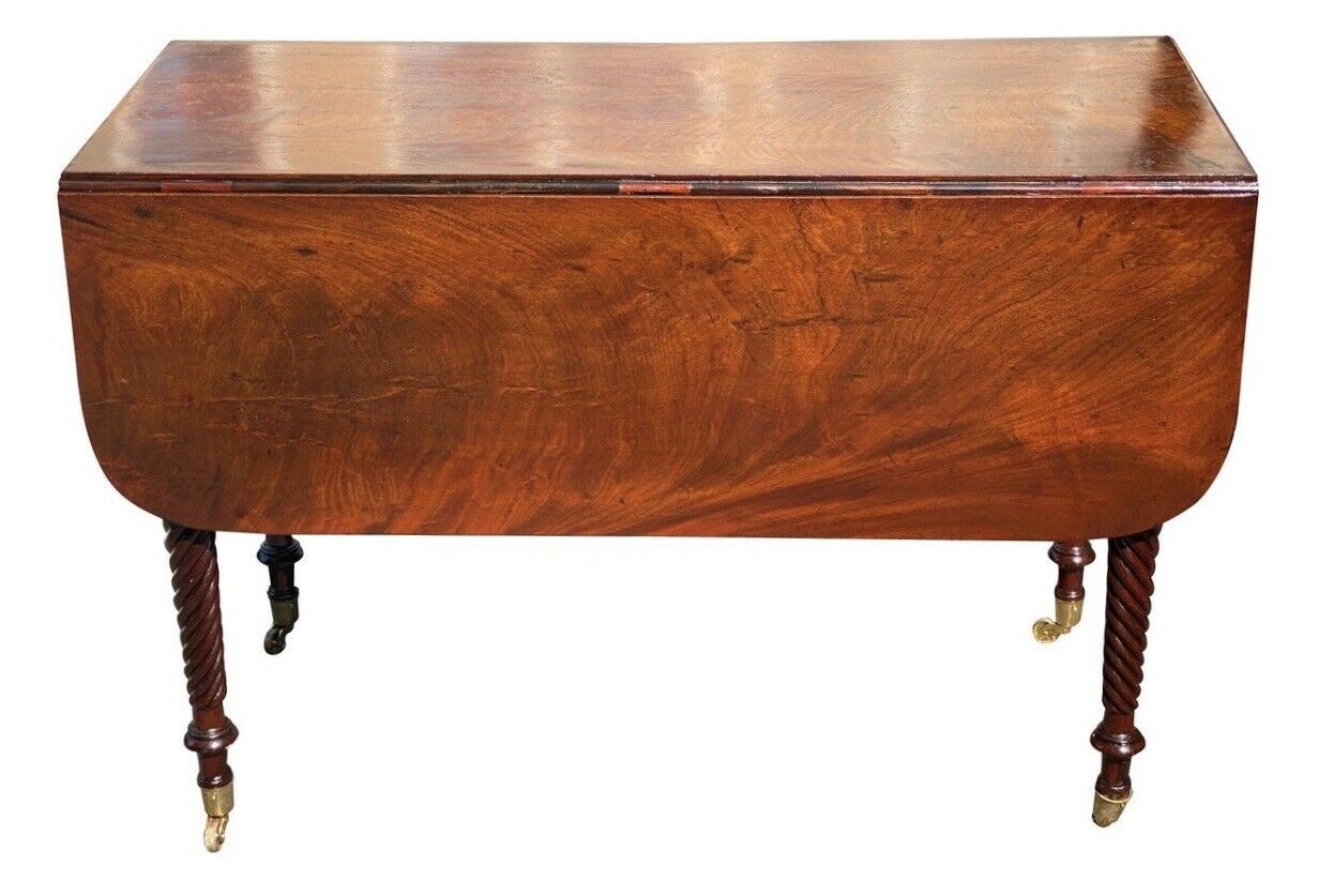 19TH C ANTIQUE SHERATON MAHOGANY DROP LEAF TABLE W/ ROPE CARVED LEGS