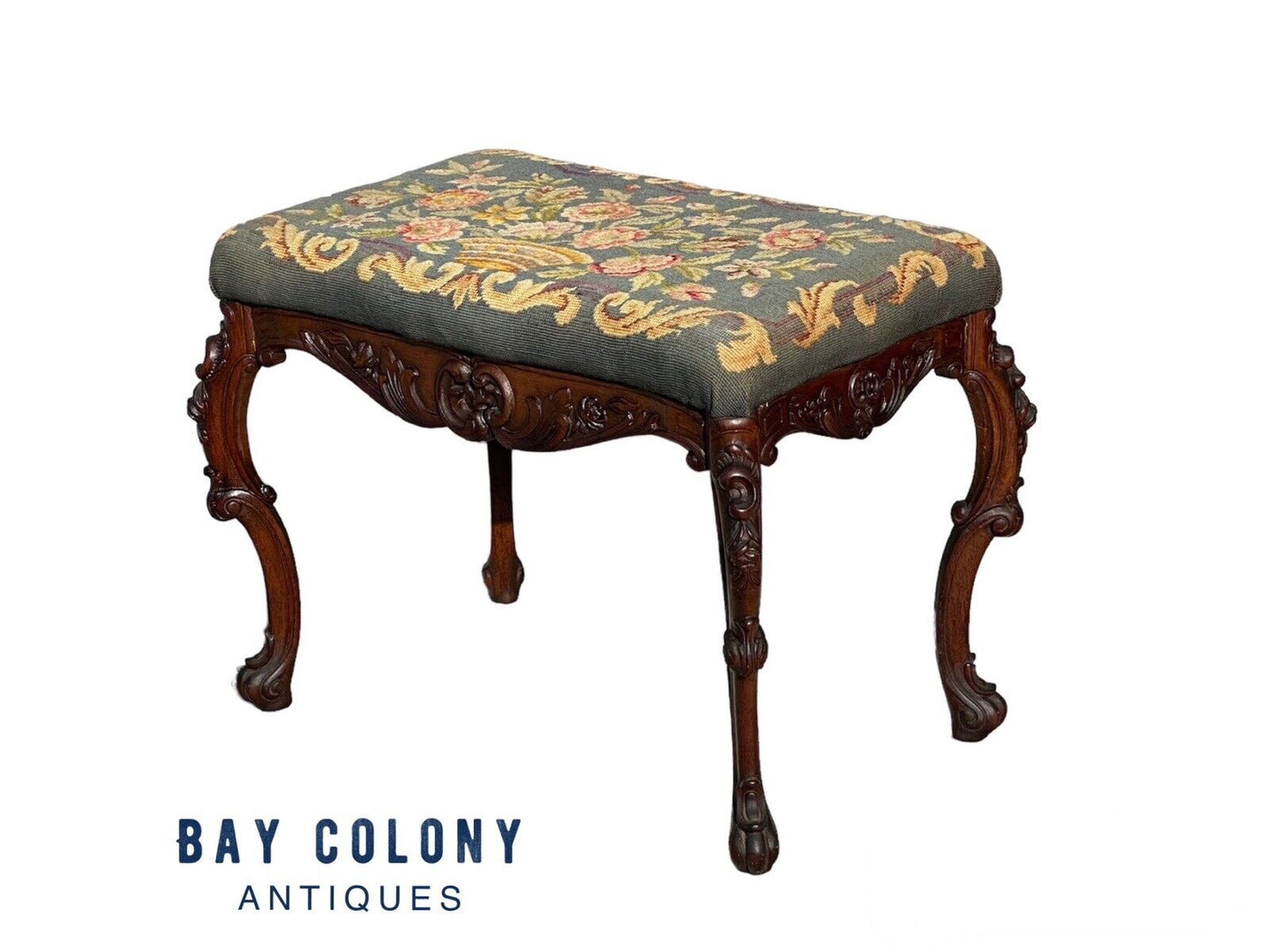 Antique French Louis XV Style Walnut Vanity Bench With Needlepoint Floral Basket