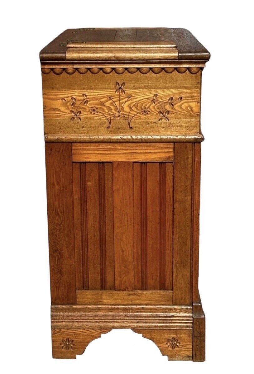 Victorian Oak Floral Carved Ice Chest With Zinc Lining & Phoenix Head Hardware