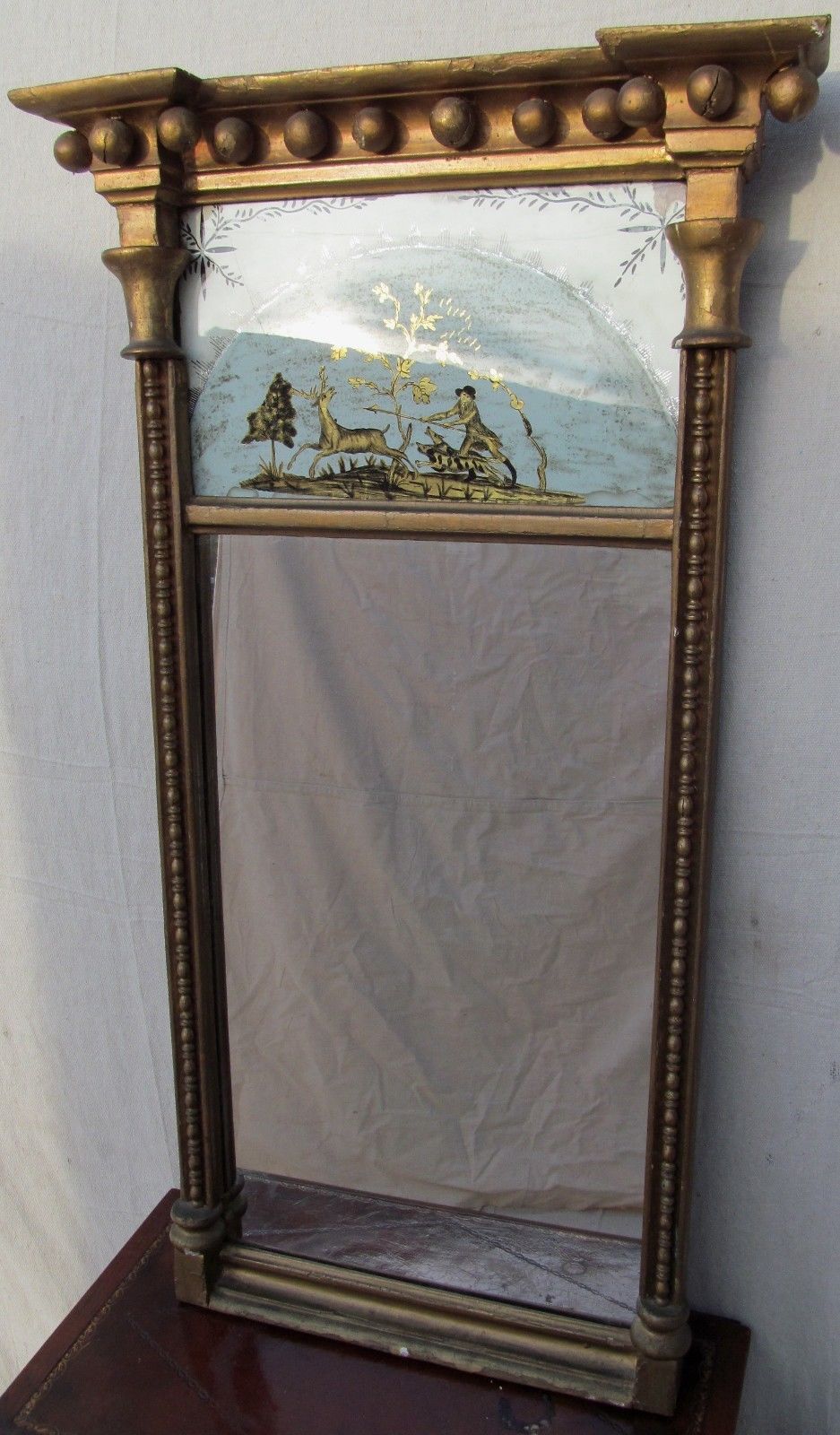 RARE 19TH CENT FEDERAL EGLOMISE PIER MIRROR W/HUNTING SCENE-SUPERIOR SPECIMEN