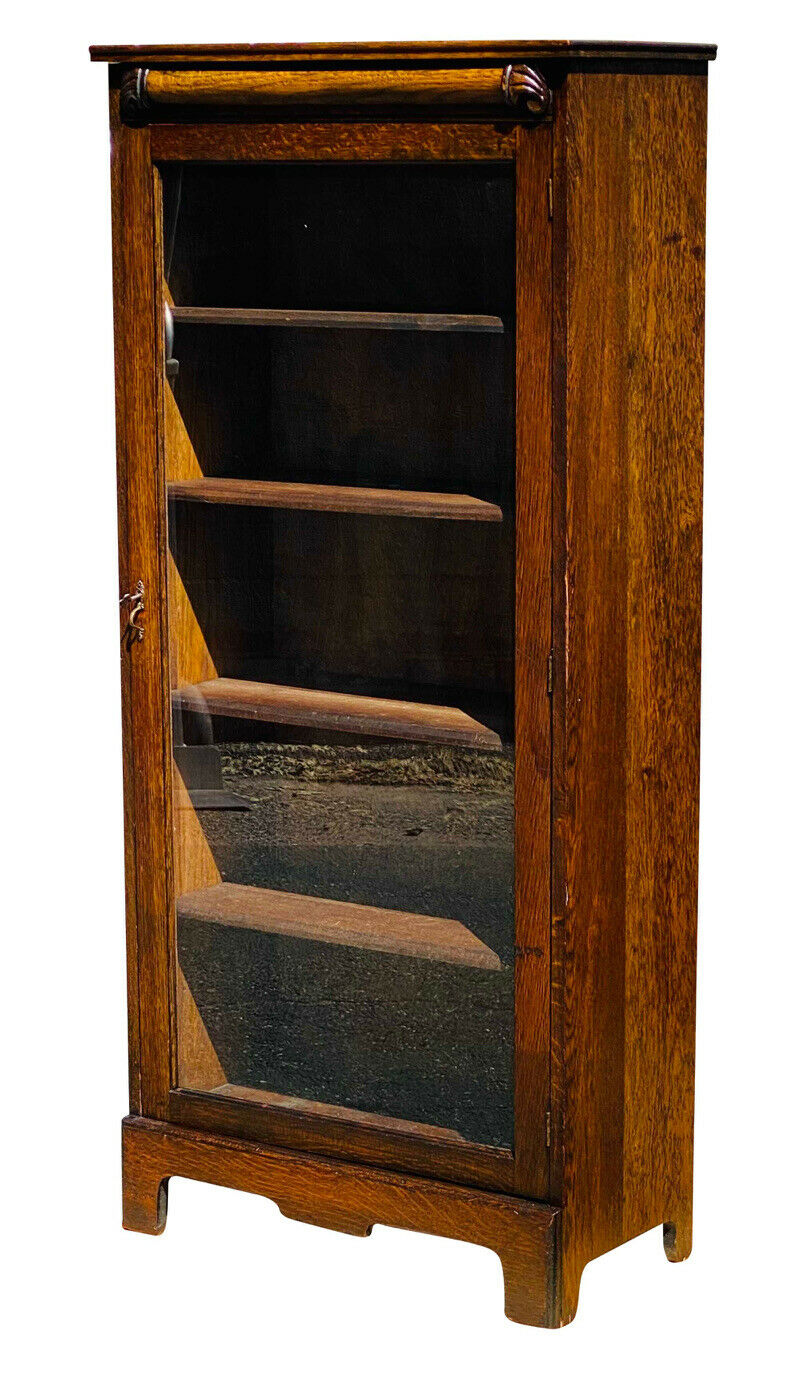 19TH C ANTIQUE VICTORIAN TIGER OAK SINGLE DOOR BOOKCASE / CHINA CABINET