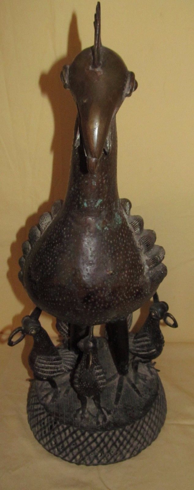 BENIN AFRICAN MIXED METAL STATUE DEPICTING ROOSTER WITH 5 CHICKS