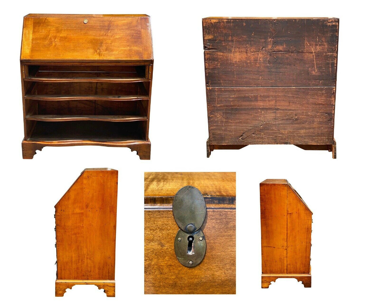 18TH C ANTIQUE CHIPPENDALE TIGER MAPLE MASSACHUSETTS OXBOW SLANT LID DESK
